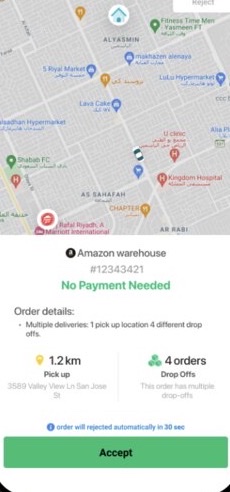 The final Mrsool order-accept screen, with orders rejected automatically after 30 seconds