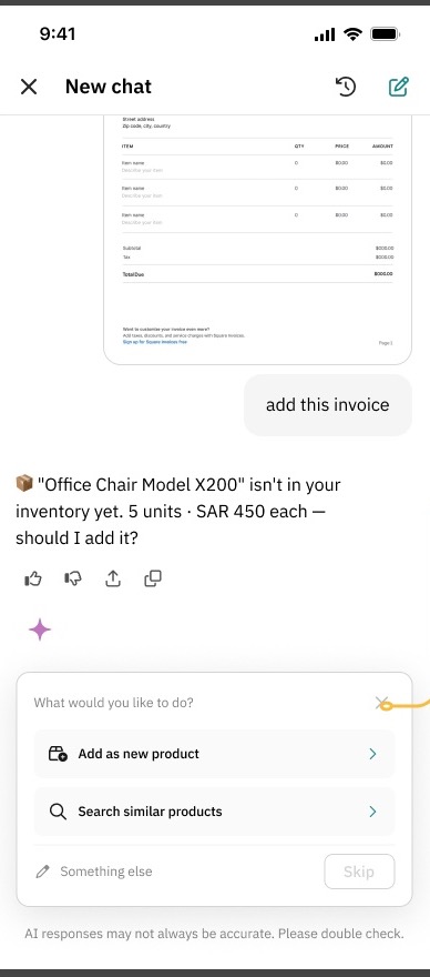 Design: the AI names the missing product and offers Add as new product or Search similar products, each with an icon