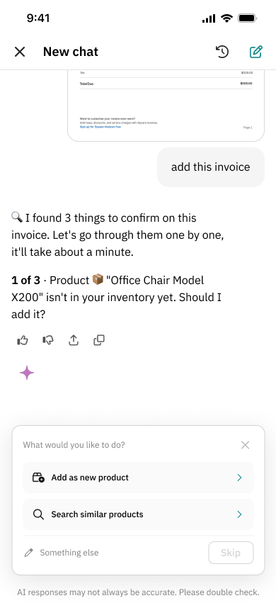 Three questions on one invoice: the assistant goes through them one by one, starting with 1 of 3, a new product