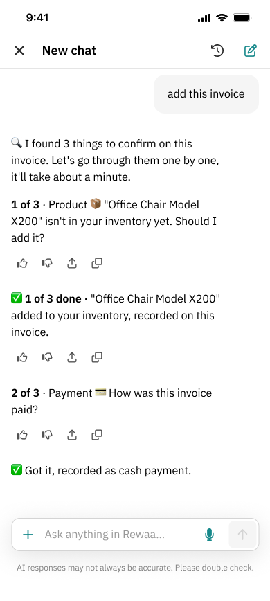 Each answer is confirmed in turn: 1 of 3 done, then the payment method, recorded as cash