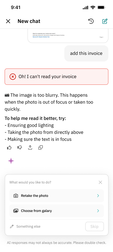 Scan error flag: the photo is too blurry, so the assistant explains why and gives three tips before a retake