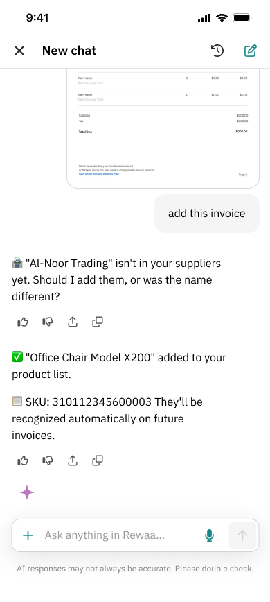 Supplier flag: Al-Noor Trading isn’t in the merchant’s suppliers yet, so the assistant adds it and remembers its VAT number